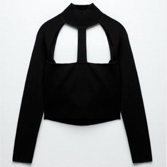 Zara Black Cut-Out Crop Top, Knit Top – Open Front & Open Back - Picture 8 of 8